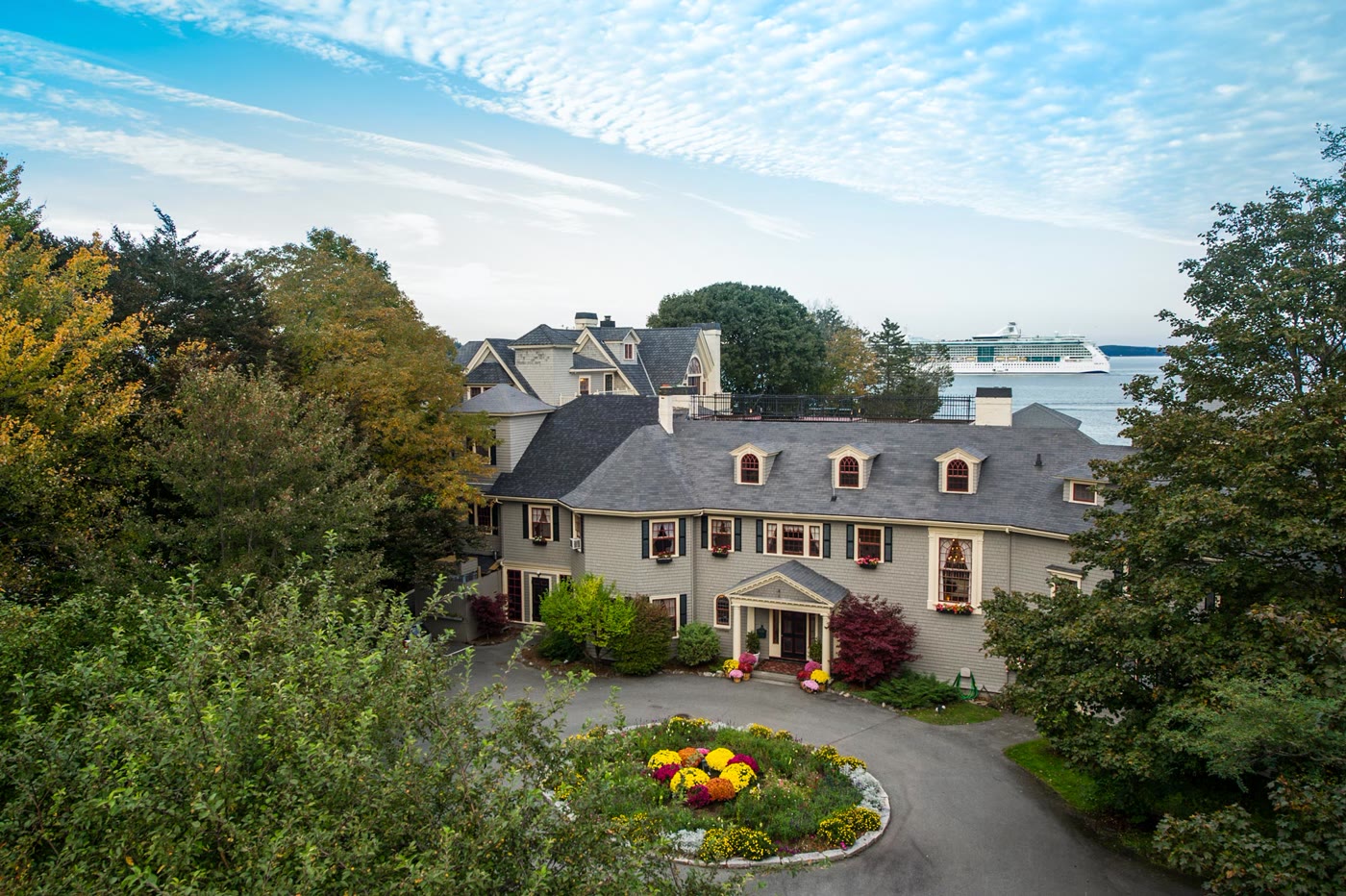 Balance Rock Inn — shingled inn above Bar Harbor with the harbor behind it